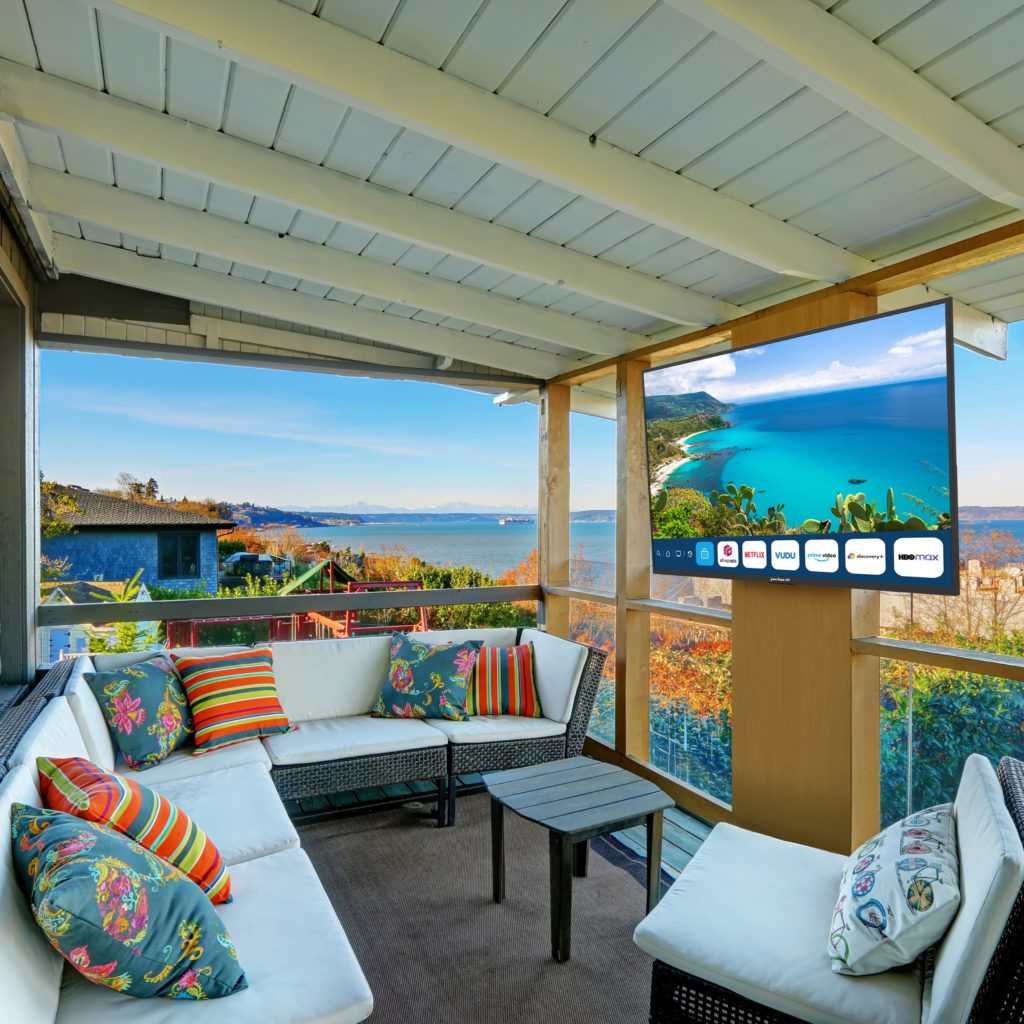 Perfect waterfront house exterior with winter decor. Open