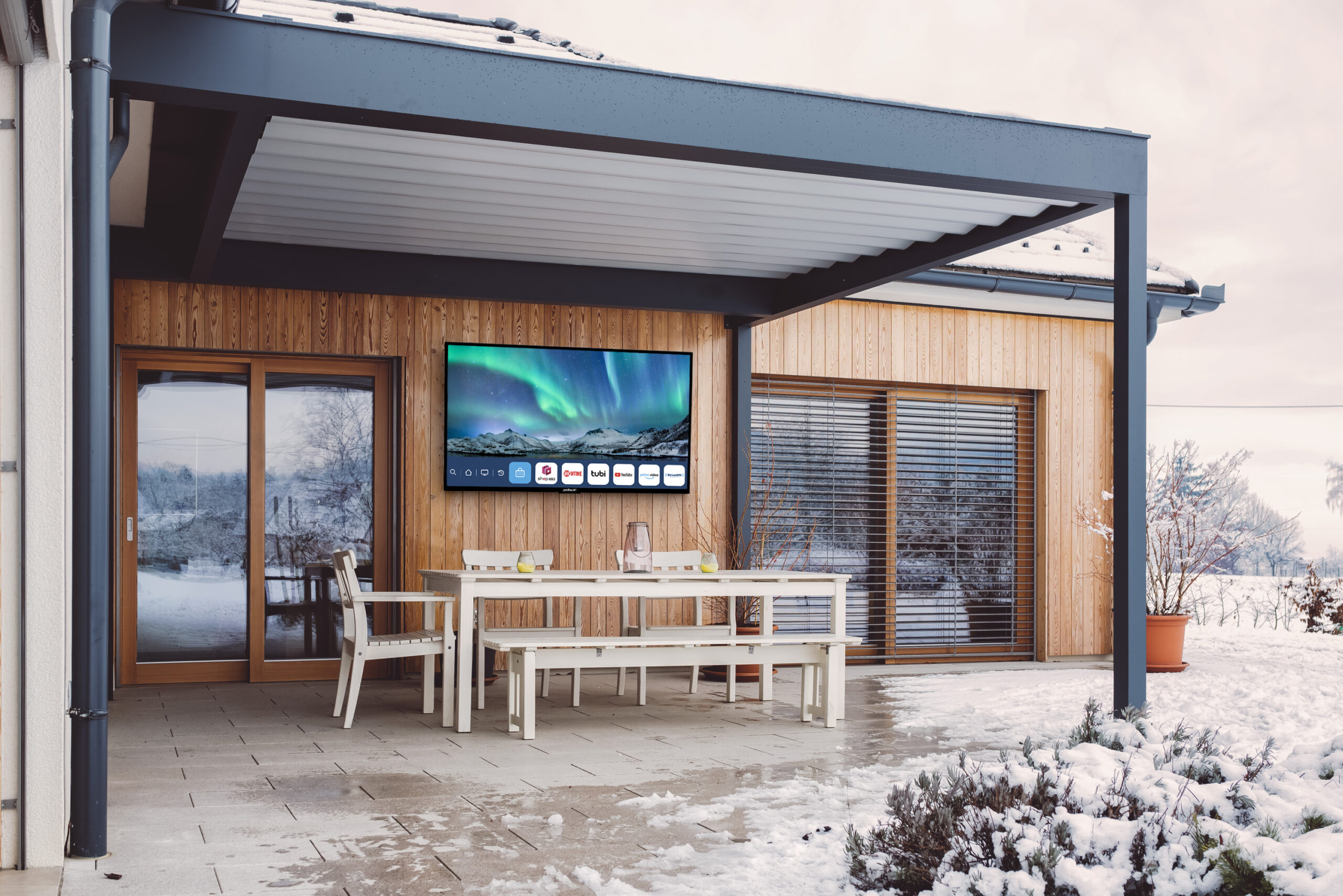 Neptune™ Partial Sun Outdoor Smart TV Winter Backyard